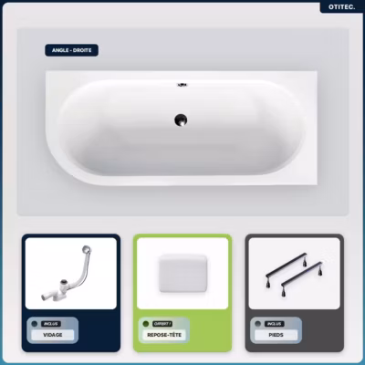 Baignoire asymétrique – 160 x 75 cm – Droite – sans Habillage – avec Pieds – Repose-tête – Vidage Chrome – AVITA