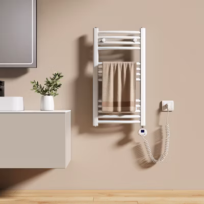 EMKE Sèche-serviettes électrique avec thermostat 75 x 40 cm, radiateur de salle de bain incurvé, blanc brillant, 250 watts
