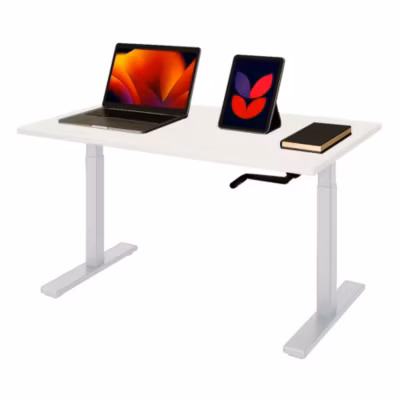 AUM WORLD Bureau Assis Debout Manuel HANDY GO, 180×80, Poignée Rétractable, Hauteur 69-113cm, Charge 80 kg, Gris, Blanc