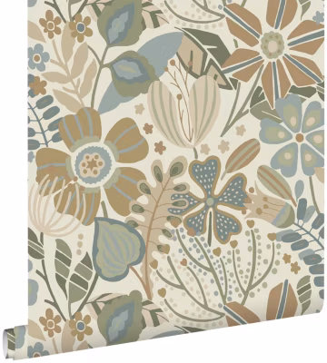 ESTAhome papier peint fleurs beige, bleu et vert 53 cm x 10.05 m