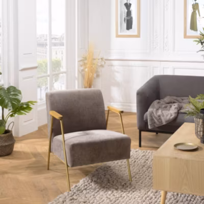 ALBANE – Fauteuil lounge tissu taupe métal doré accoudoirs bois