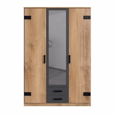 Armoire 2 portes décor chêne 1 porte miroir et 2 tiroirs – H198 cm