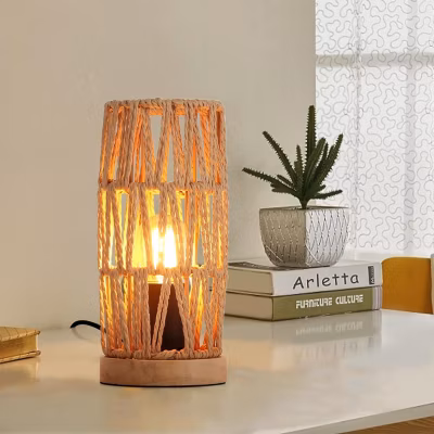 ALPINALUZ Lampe de Table Décorative en Rotin Naturel  Design Bohème Vintage avec Base en Bois, Douille E27