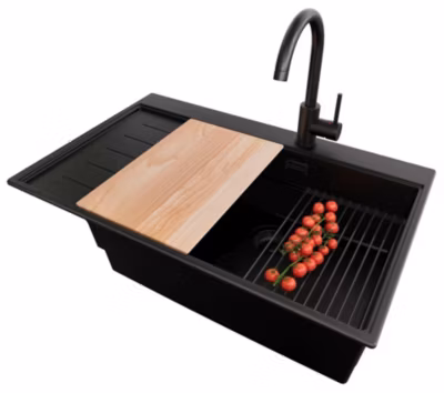 PRIMAGRAN Evier Cuisine en Granit Tout Noir 78x50cm, Lavabo 1 bac + Kit de Vidage + Accessoires, Évier à Encastrer au meuble 60cm