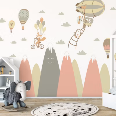 Stickers enfant montagnes scandinaves animaux amis 80 x 120 cm