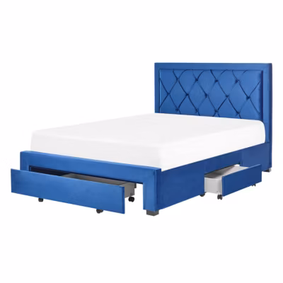 Lit avec tiroirs de rangement Velours LIEVIN 140 x 200 cm Bleu marine