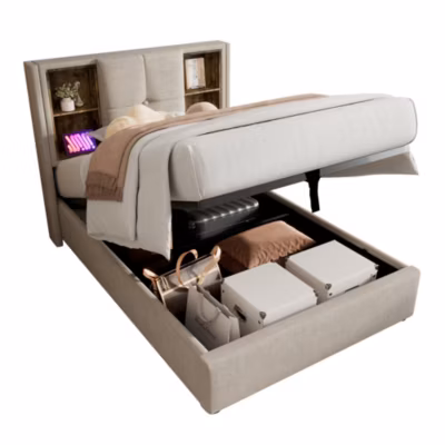 Lit 90×200 cm coffre relevable avec tête de lit tapissée lin charge sans fil et ports USB Type C