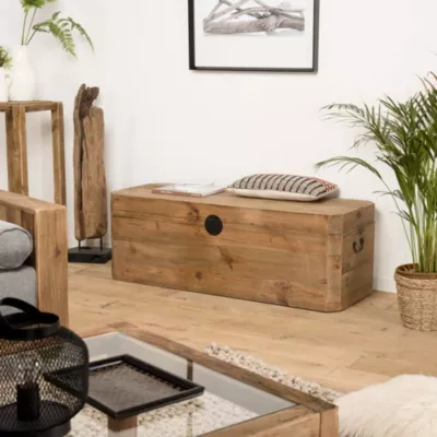 Coffre rangement en pin recyclé et poignées en métal noir