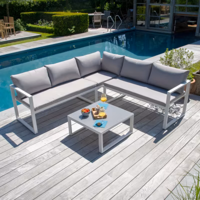 Salon de jardin modulable IBIZA en tissu gris 4 places – aluminium blanc – HAPPY GARDEN