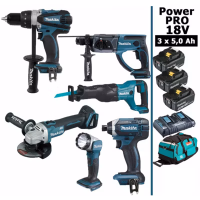 Pack Makita Power PRO 6 outils 18V: DDF458 + DHR202 + DGA504 + DTD152 + DJR186 + Lampe + 3 batt 5Ah + sac