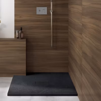 Receveur de douche Kinedo Kinerock Evo 90×90 noir, texture minérale avec grille assortie et bonde extra-plate