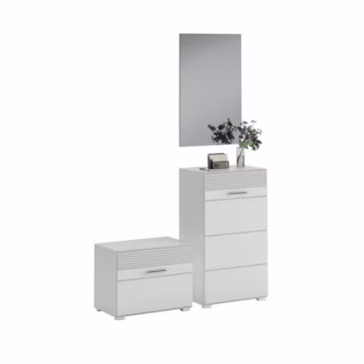 Ensemble de meuble dentrée : Miroir et meuble à chaussures et meuble de rangement  Blanc laqué  KLEANKIN