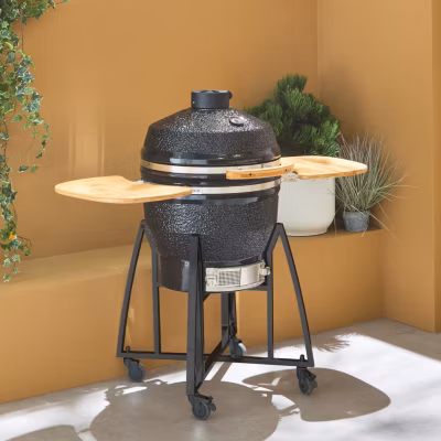 Barbecue charbon en céramique. Kamado D.54.5cm. avec chariot. garde au chaud. récupérateur de cendre et housse. tablettes