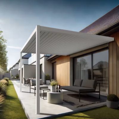 Pergola bioclimatique Xenon (Vérin à Télécommande – Blanc – 3,50 x 3,080m)
