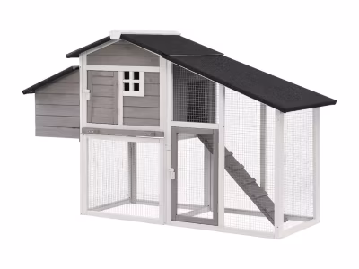 Poulailler en bois avec enclos – 4 poules – L. 173 x P.  64 x H. 108 cm – Blanc et gris – LEVAS