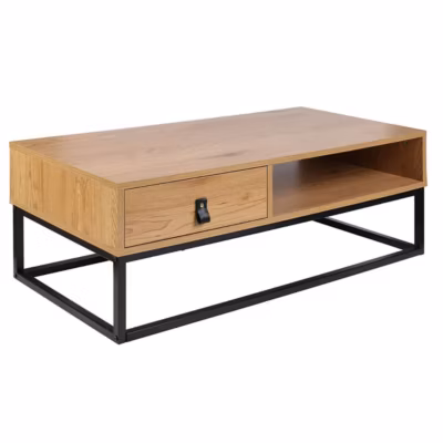 ABRIL – Table Basse 1 Tiroir Aspect Bois et Pieds Métal